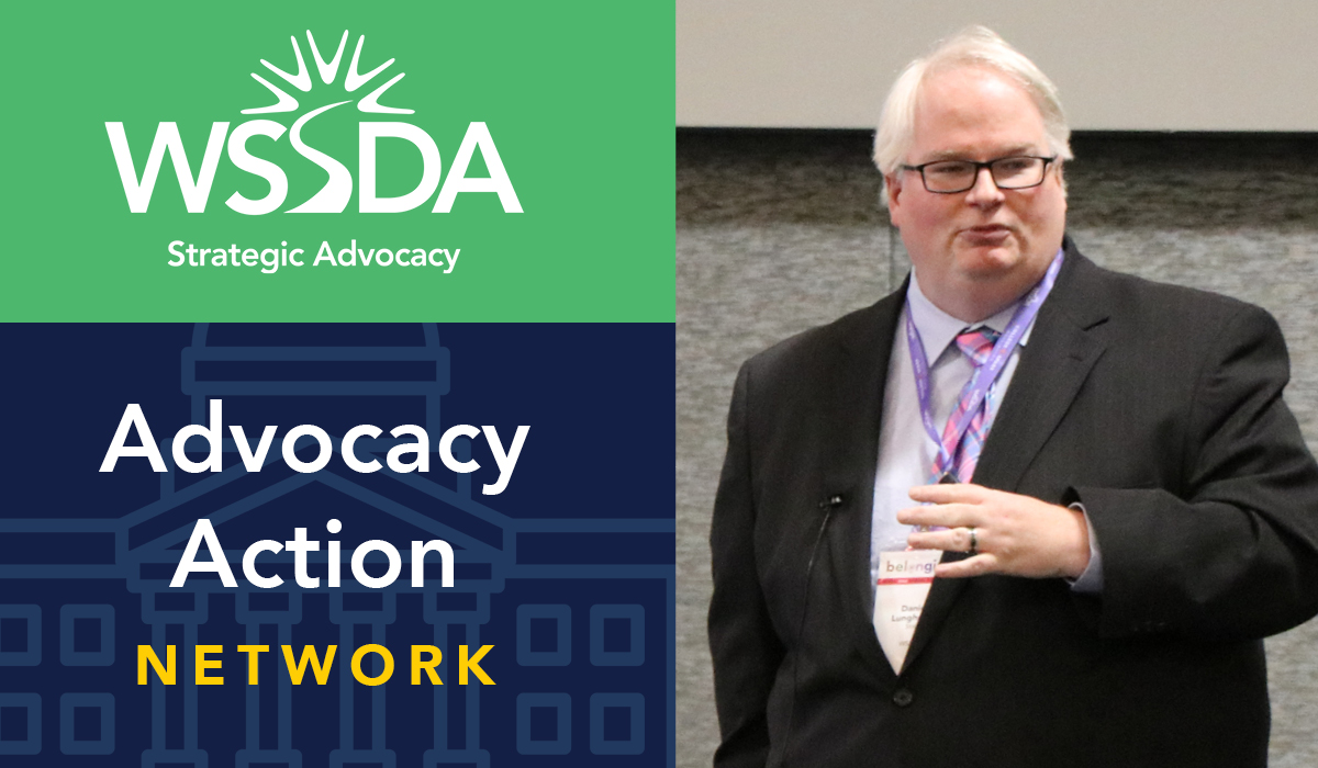 Advocacy Action Network title graphic alongside a photo of a speaker presenting at a WSSDA event